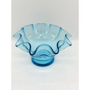 Handblown Glass Bowl Ruffle Edge Blue Candy Dish Aqua Vase Planter Handmade
